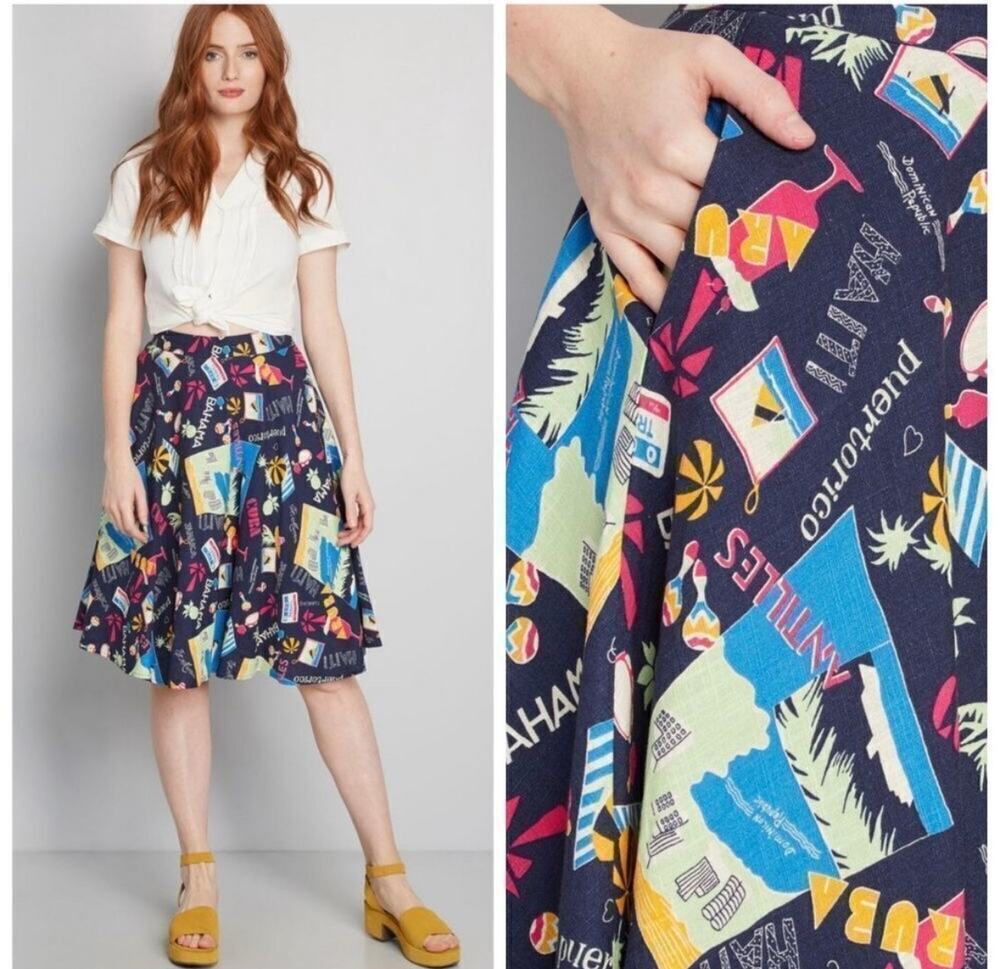 ModCloth | Just This Sway A Line Skirt Small Navy Travel Vacation Island
